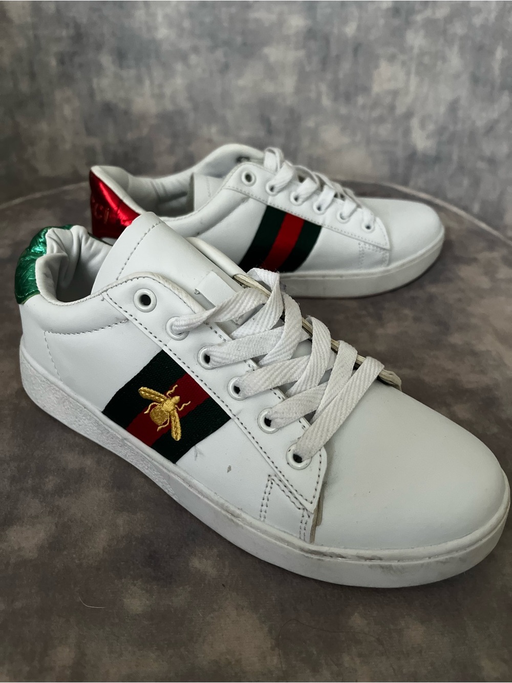 White Women's Gucci like Sneakers with Red & Green Stripe and Gold Bee Accent